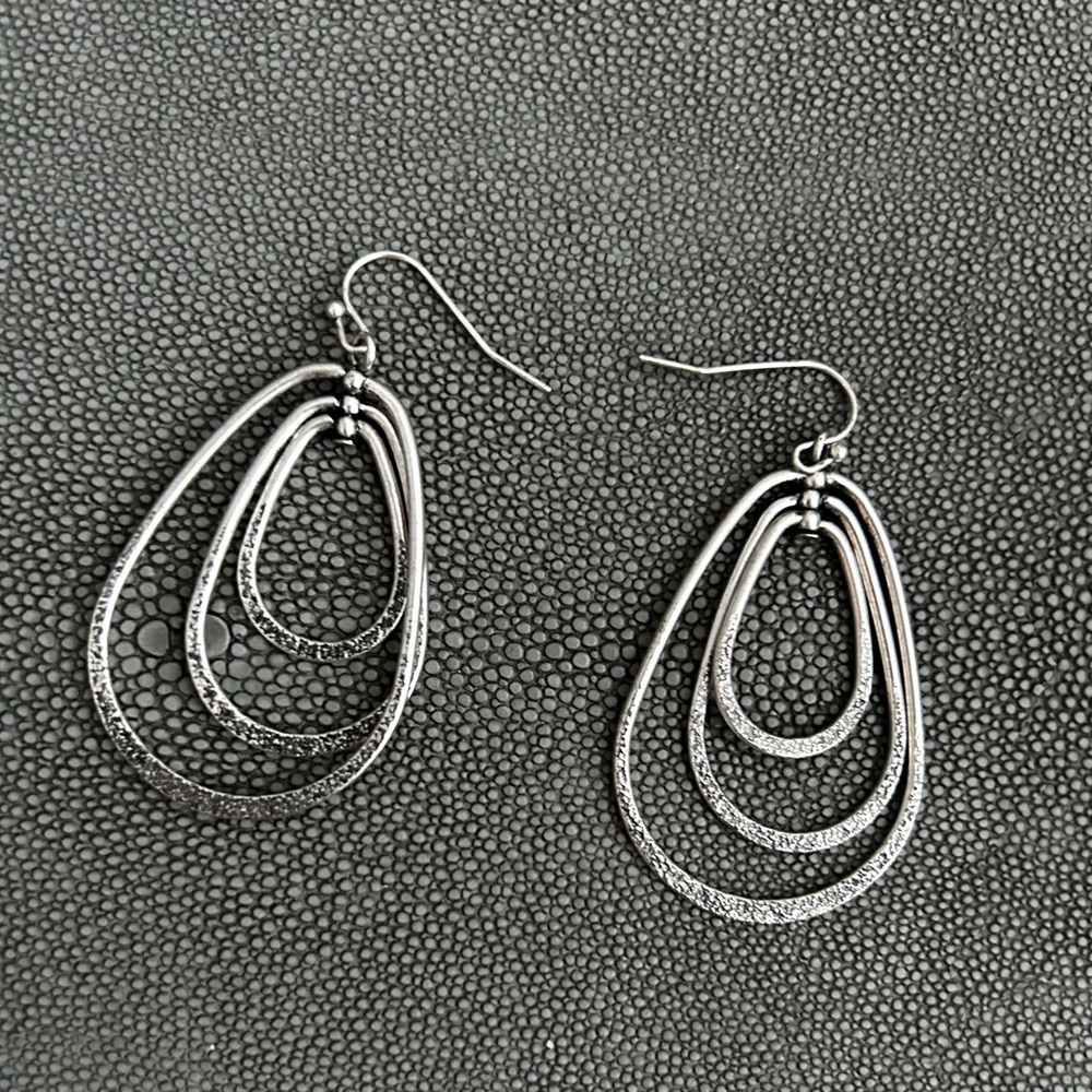 Textured Silver Teardrop Layered Dangle Earrings - Women Jewelry